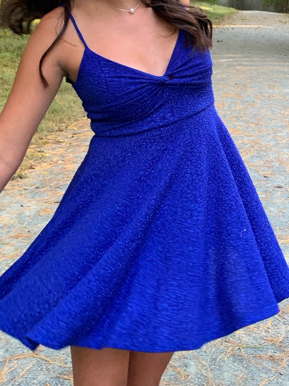 Windsor Homecoming Sparkle Twist-Front Cobalt Blue Spaghetti Strap Dress